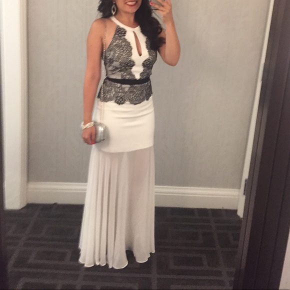 BCBG Floor Length Dress, White with Black lace